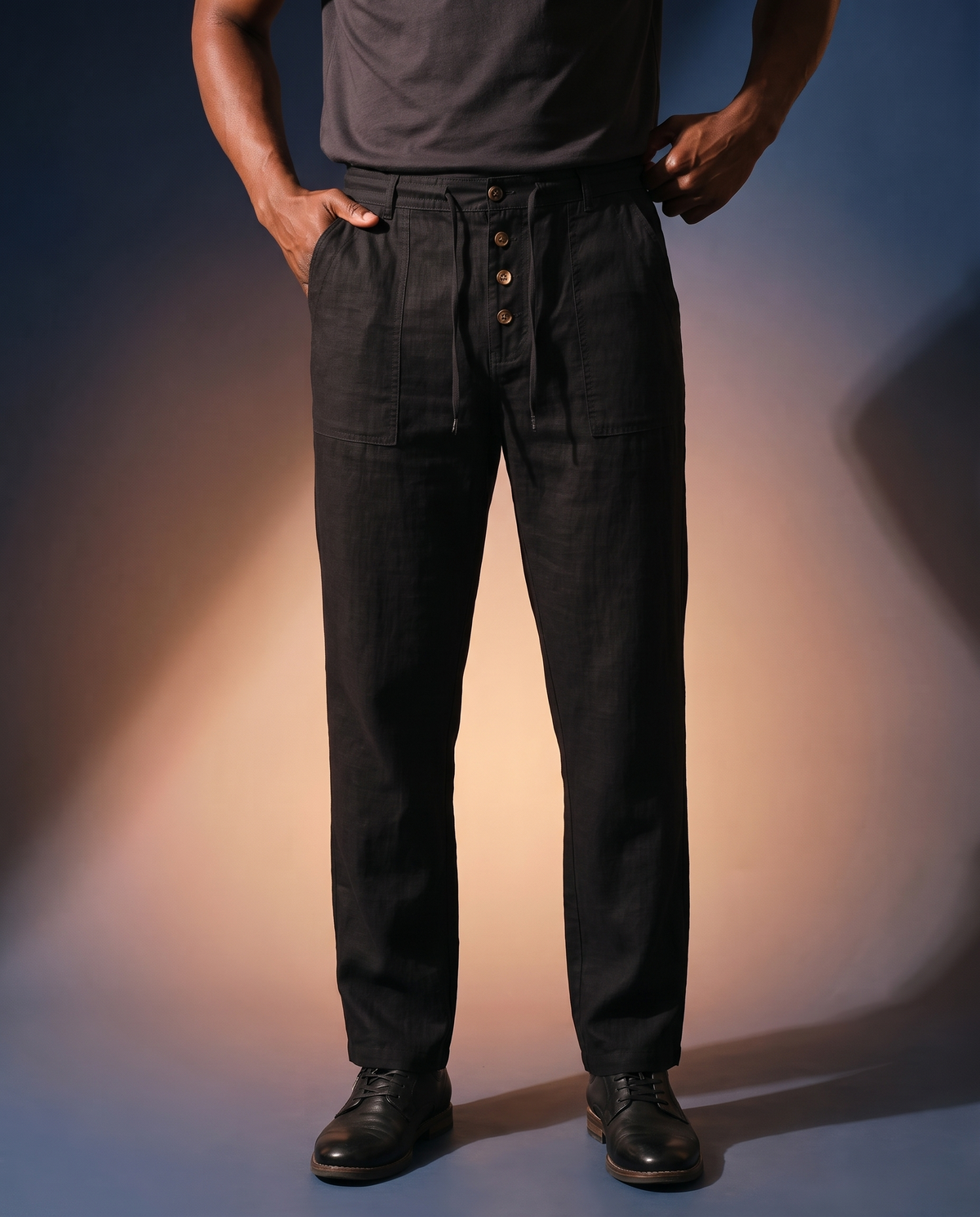 Men's Button-Detail Linen Pants in Black on model, going out pants