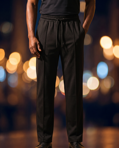Men's Knit Straight-Leg Trousers in Black on model, going out pants