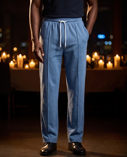 Men's Knit Straight-Leg Trousers in Denim blue on model, going out pants