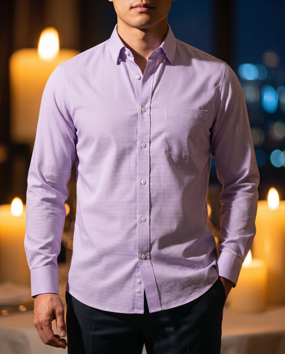 Men's Classic Cotton Button-Down in Light Purple Check on model, date night shirt