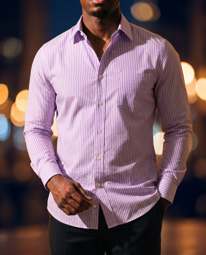 Men's Classic Cotton Button-Down in Purple Stripe on model, date night shirt