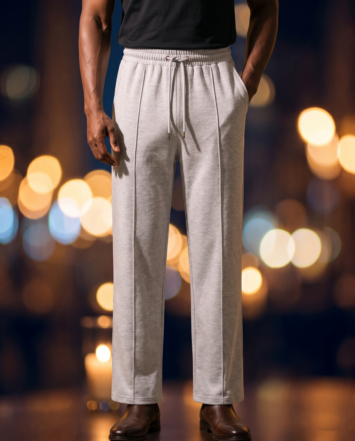 Men's Knit Straight-Leg Trousers in Light gray on model, going out pants