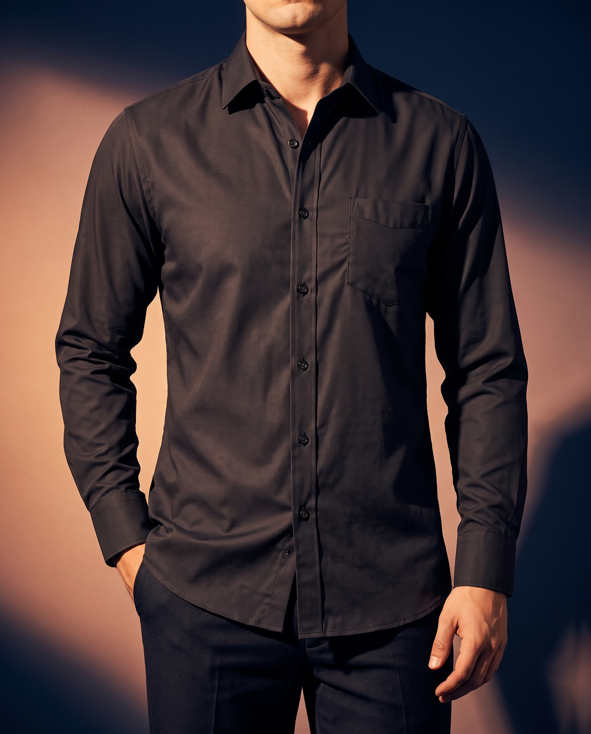 Men's Classic Cotton Button-Down in Black Twill on model, date night shirt