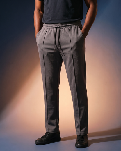 Men's Knit Straight-Leg Trousers in Dark gray on model, going out pants