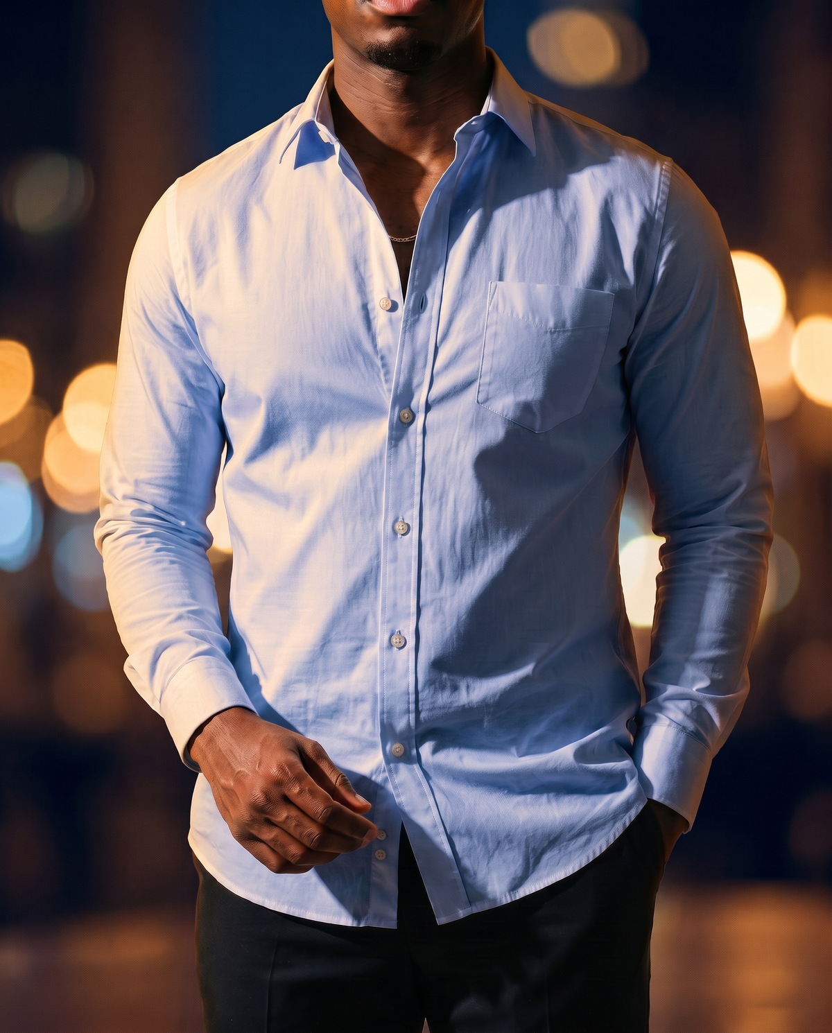 Men's Classic Cotton Button-Down in Blue Twill on model, date night shirt