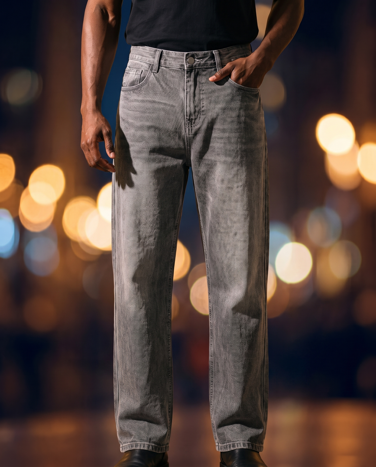 Men's Washed Vintage Jeans in Gray on model, going out pants