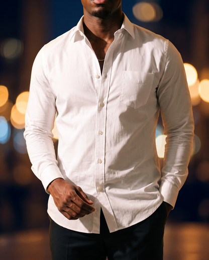 Men's Classic Cotton Button-Down in White on model, date night shirt
