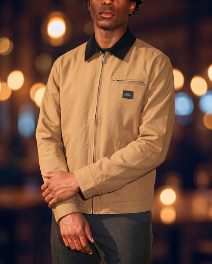 Men's Retro Work Jacket in Khaki on model, affordable men's jacket