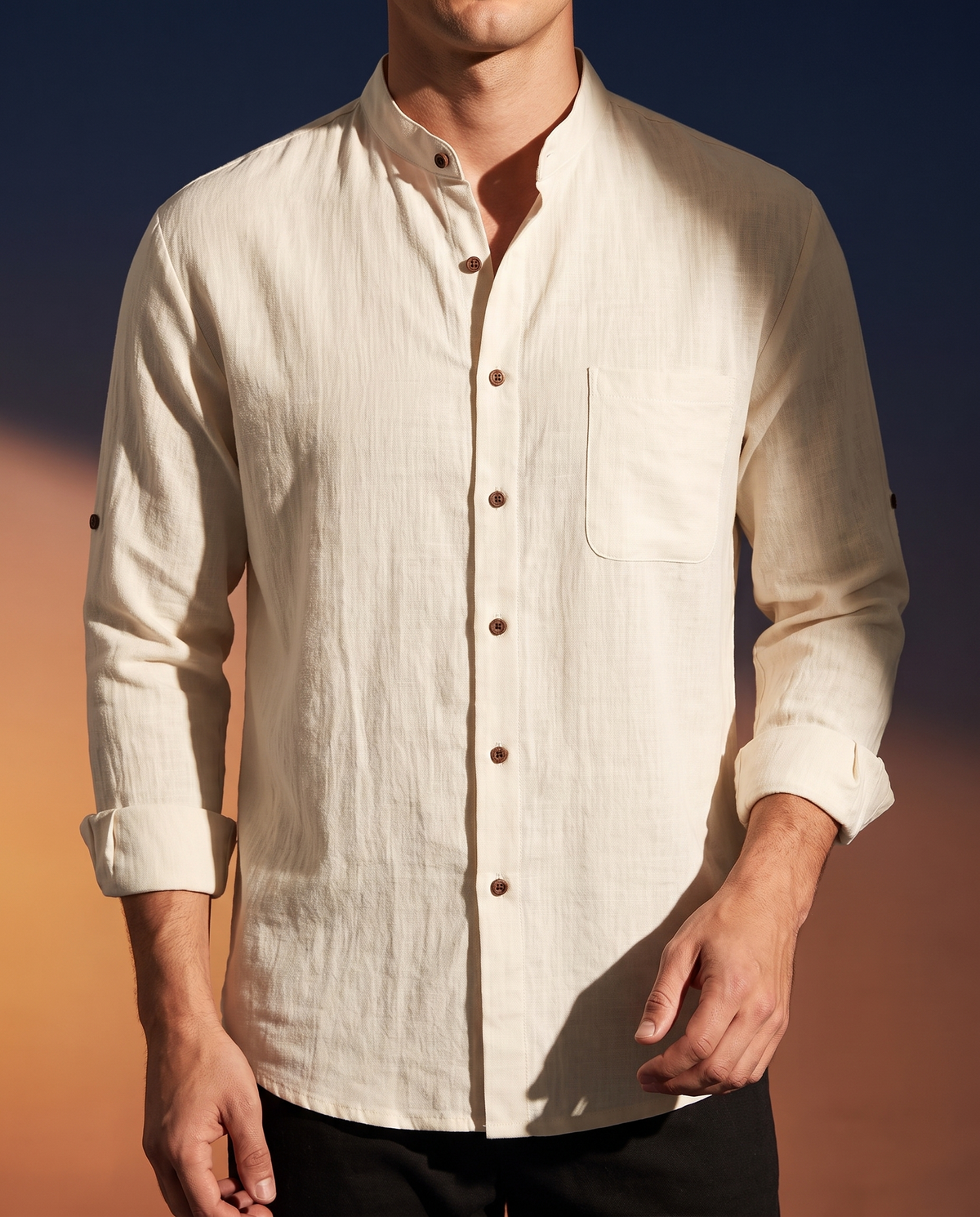 Men's Band Collar Resort Shirt in Apricot on model, date night shirt