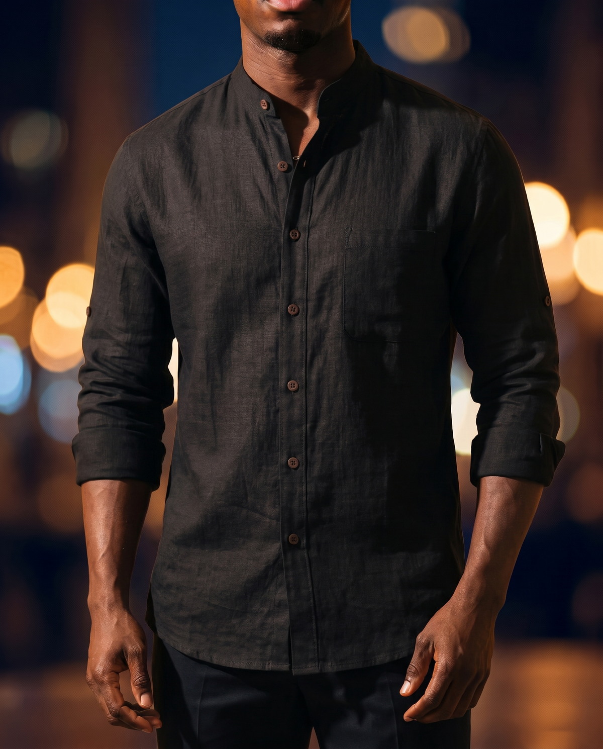 Men's Band Collar Resort Shirt in Black on model, date night shirt