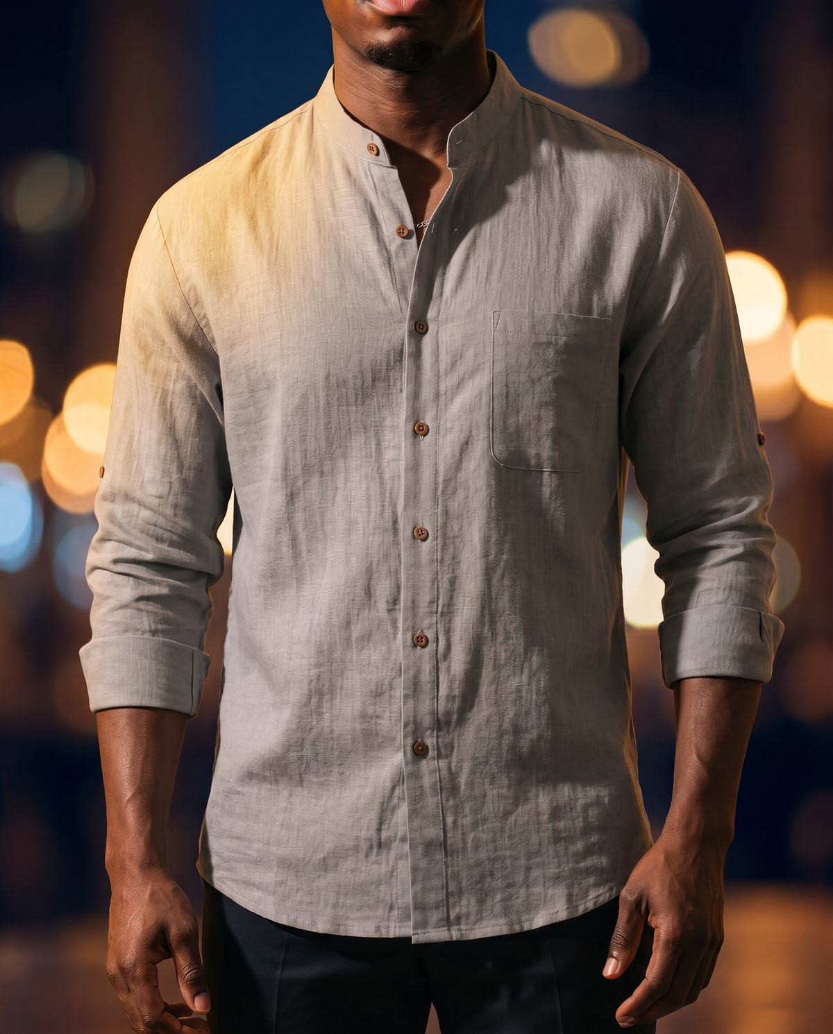 Men's Band Collar Resort Shirt in Gray on model, date night shirt