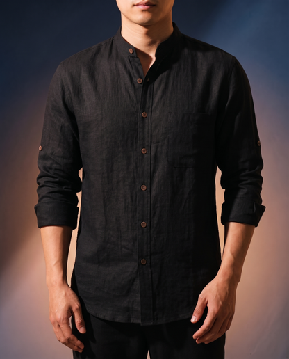 Men's Band Collar Resort Shirt in Black on model, date night shirt