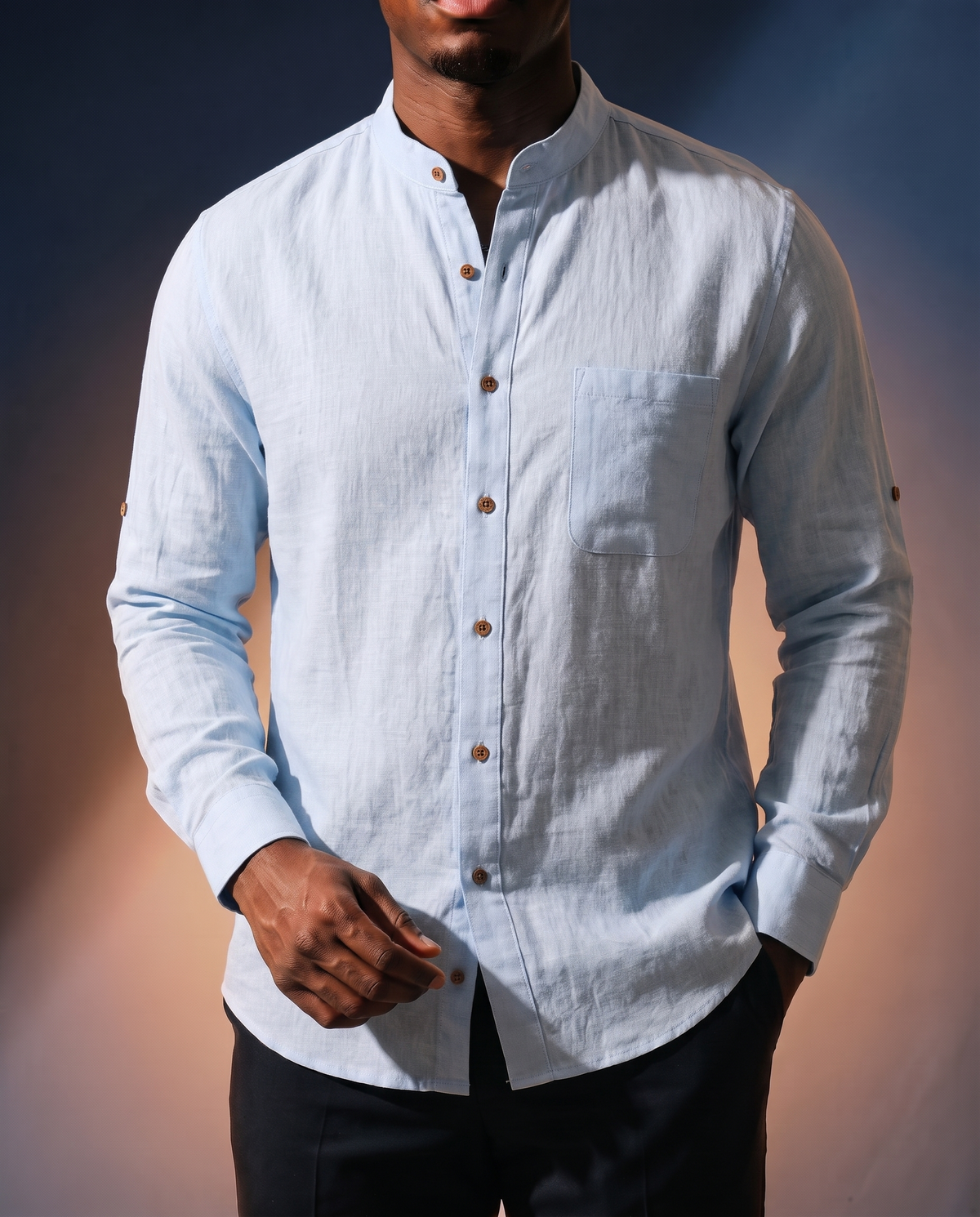 Men's Band Collar Resort Shirt in Sky Blue on model, date night shirt