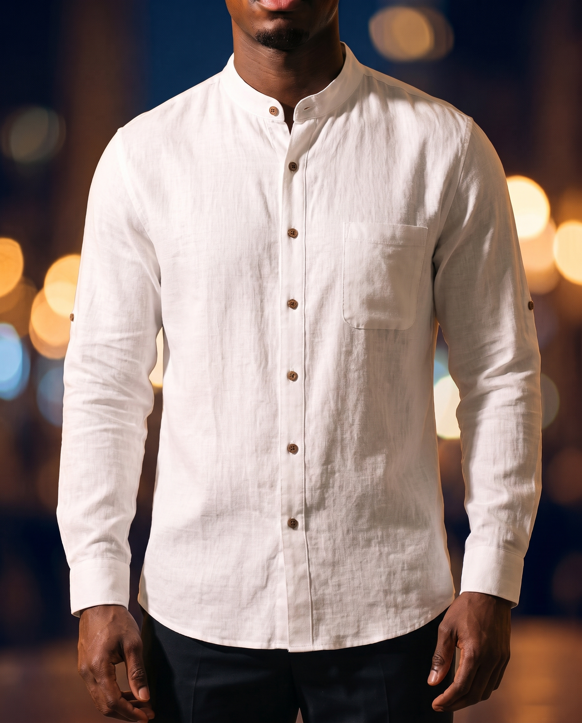Men's Band Collar Resort Shirt in White on model, date night shirt