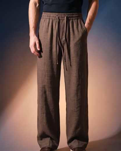 Men's Draped Wide-Leg Trousers in Coffee on model, going out pants